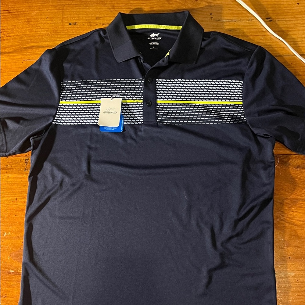 Attack Life Greg Norman Men's Polo Shirt in Navy with Yellow Accents